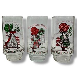 Set of 3 Vintage 1982 Holly Hobbie Coca Cola Limited Edition Christmas Glasses